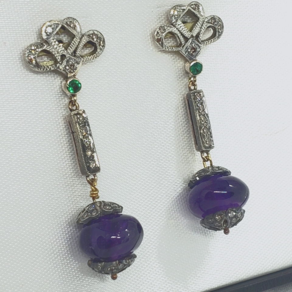 Emerald, Diamonds & Amethyst Earrings Antique 14k White Gold